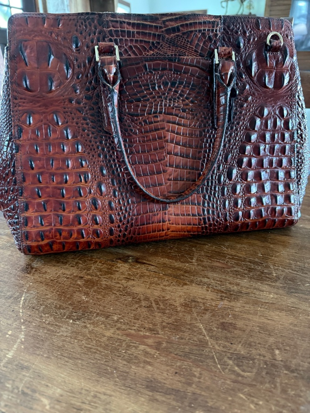 Brahmin Embossed Croc Leather Tote in Rich Chestnut Brown